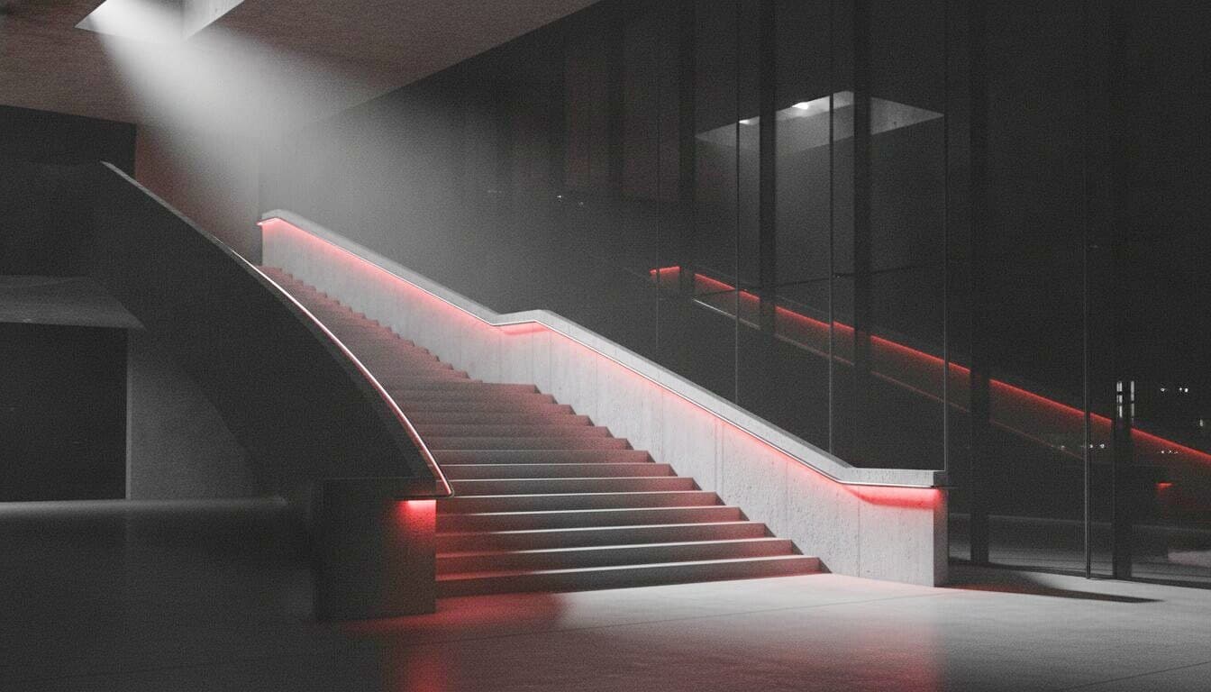 Leeres Foyer eines Kongresszentrums bei Nacht, harter Lichtstrahl über einer Treppe
