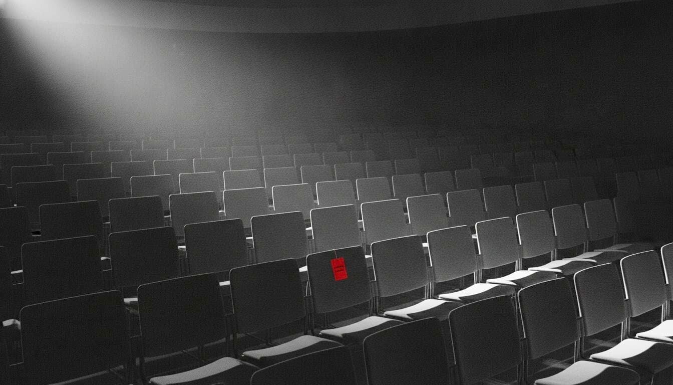 Leere Sitzreihen in einem dunklen Saal, harter Lichtstrahl von links oben