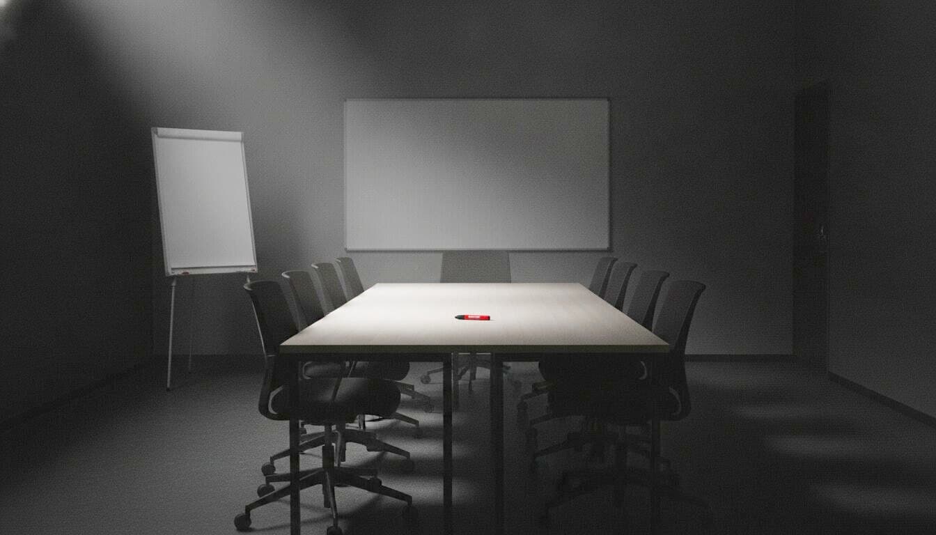 Stimmungsbild: leerer Trainingsraum mit Tisch und Flipchart im harten Seitenlicht — generiert, keine reale Veranstaltung