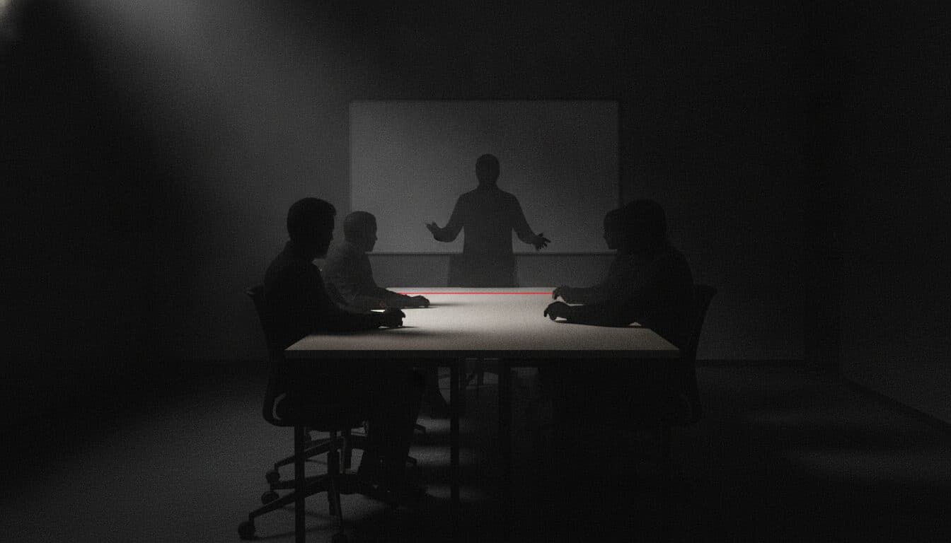 Kleine Gruppe als Silhouetten um einen Tisch im dunklen Trainingsraum, ein harter Lichtstreifen über der Tischplatte